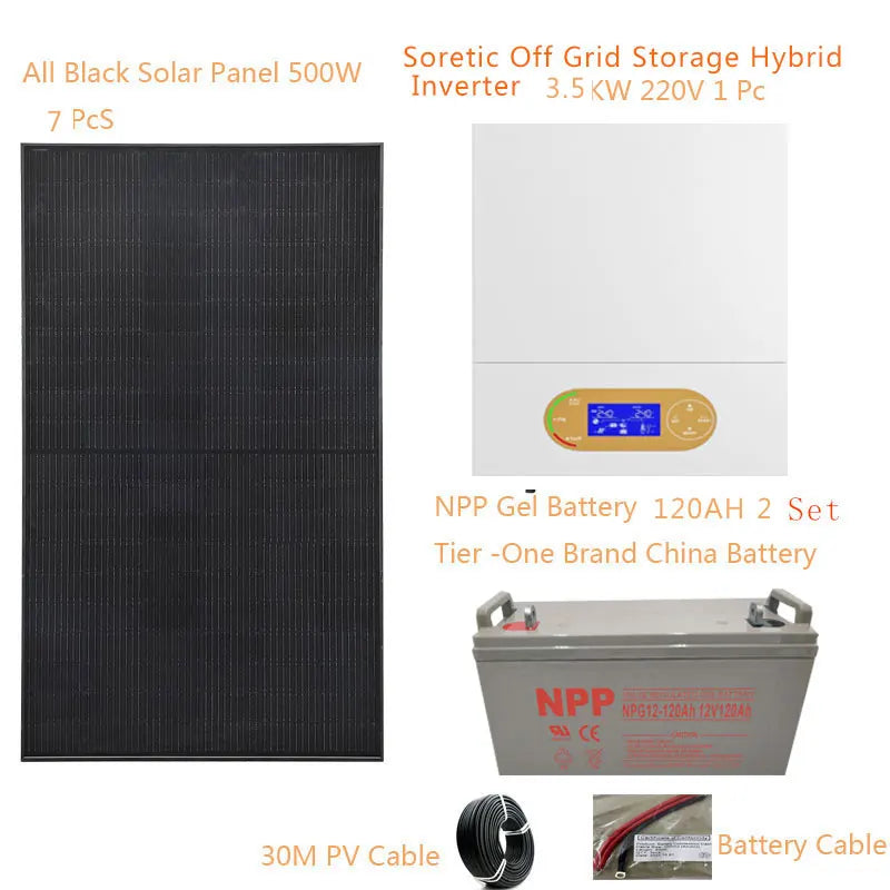 Solar System For Home Complete Kit 3500W 220v Solar Panel 500W Off Grid Solar Hybrid Inverter MPPT Lead Acid Gel Battery Farm