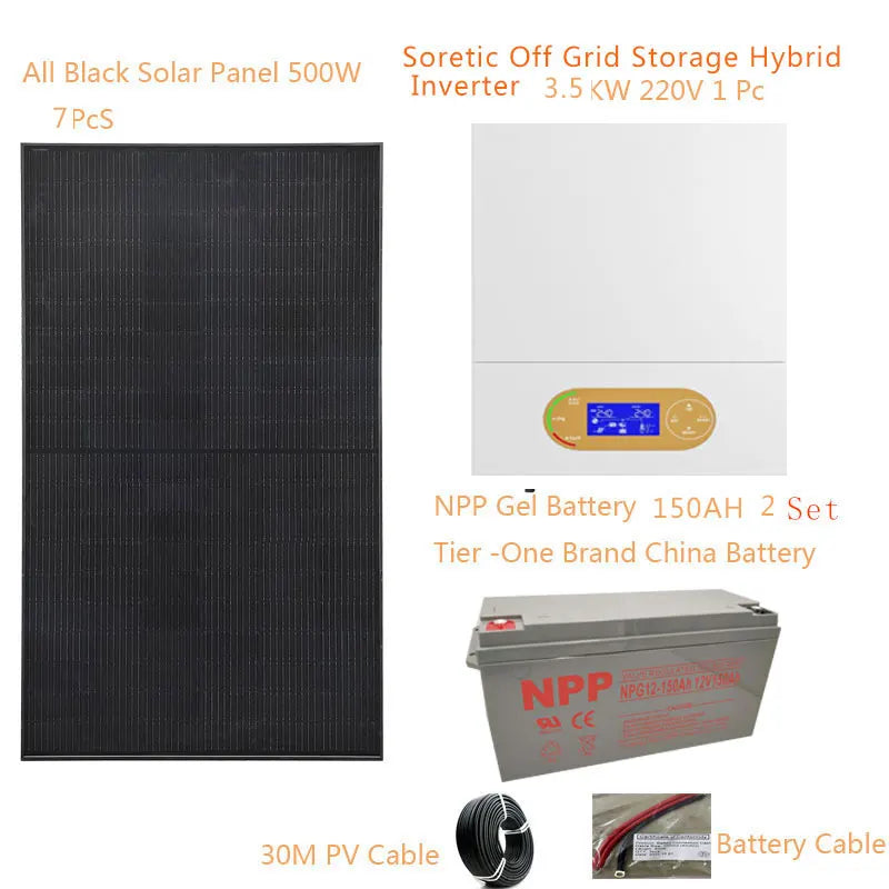 Solar System For Home Complete Kit 3500W 220v Solar Panel 500W Off Grid Solar Hybrid Inverter MPPT Lead Acid Gel Battery Farm