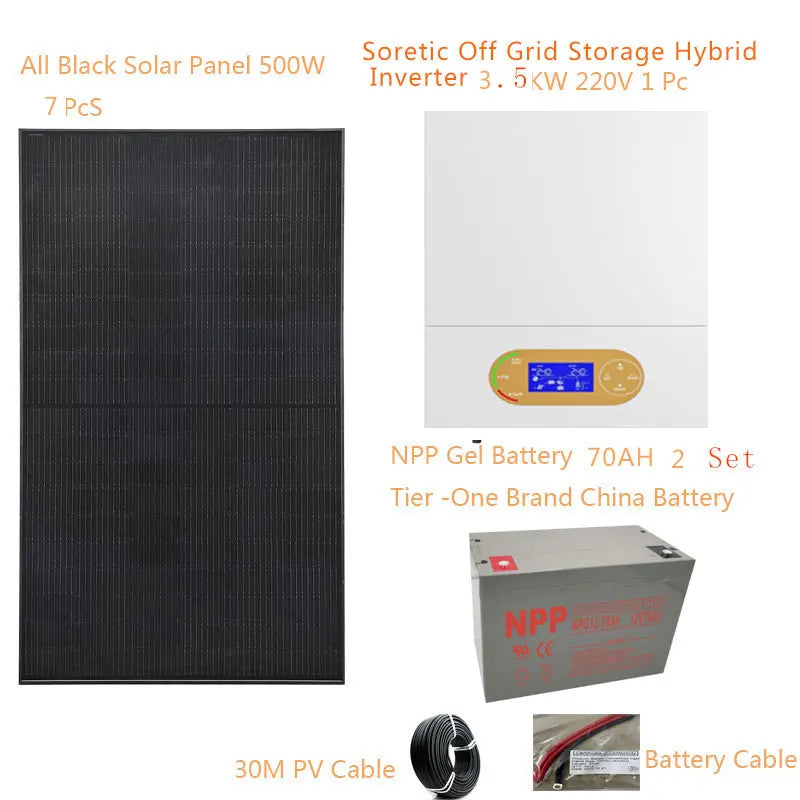 Solar System For Home Complete Kit 3500W 220v Solar Panel 500W Off Grid Solar Hybrid Inverter MPPT Lead Acid Gel Battery Farm
