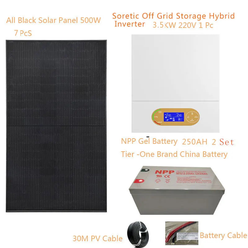 Solar System For Home Complete Kit 3500W 220v Solar Panel 500W Off Grid Solar Hybrid Inverter MPPT Lead Acid Gel Battery Farm