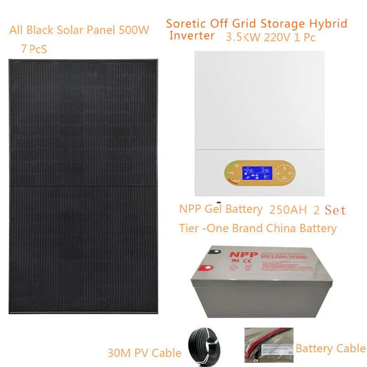Solar System For Home Complete Kit 3500W 220v  Solar Panel 500W Off Grid Solar Hybrid Inverter MPPT Lead Acid Gel Battery Farm